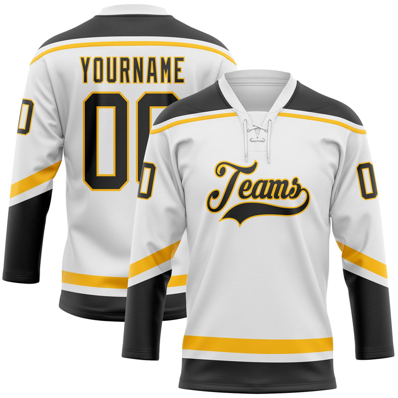 Custom White Black-Gold Hockey Lace Neck Jersey