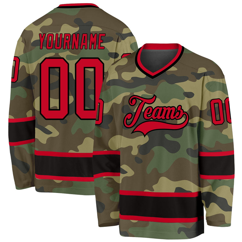 Custom Camo Red-Black Salute To Service Hockey Jersey